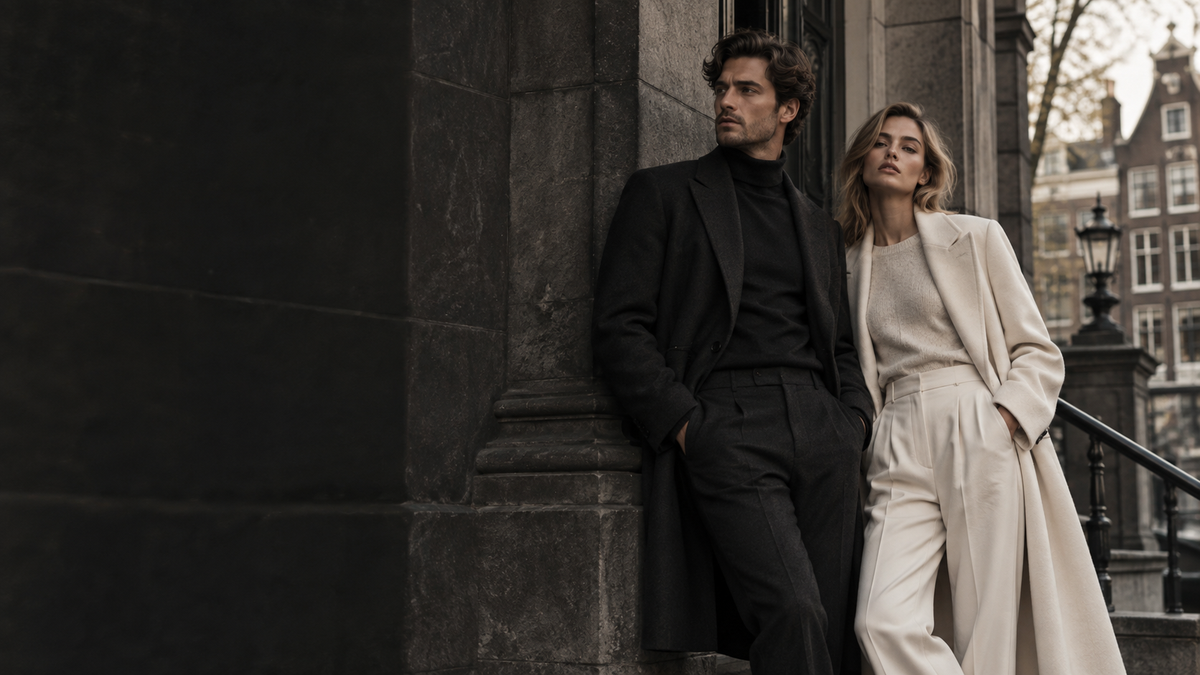Modecampagne beeld, man en vrouw bij een stenen gevel